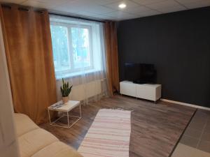 Elva Arbimäe apartment في إلفا: غرفة معيشة مع أريكة وتلفزيون بشاشة مسطحة