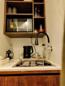 a kitchen counter with a sink and a microwave at The Turquoise Letterbox - Twin at Central in Kolkata
