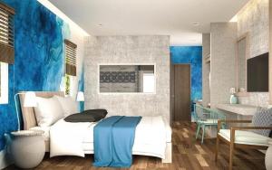 a bedroom with a bed and a bathroom at Ko Lanta Amantra Lake View Resort in Ko Lanta