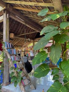 una stanza con un mucchio di libri e un albero di Didu's Homestay Bed & Breakfast a Banyuwangi