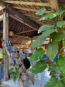een kamer met een bos boeken en een boom bij Didu's Homestay Bed & Breakfast in Banyuwangi