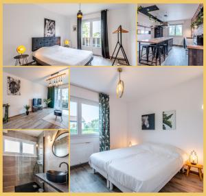 Un collage de fotos de un dormitorio y una sala de estar. en Appartement T3 I Cozy I Douvaine, en Douvaine