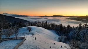 una vista de una montaña nevada con el sol saliendo por encima de las nubes en Healing Farm, en Gorenja Vas