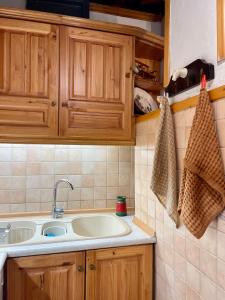 eine Küche mit einer Spüle und Holzschränken in der Unterkunft Kalyva Cottage in Mirina