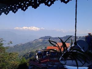 a view of the mountains from a house with a plant at West Point Backpackers Hostel in Darjeeling