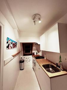 una pequeña cocina con armarios blancos y fregadero en Le mazot d’Edouard et Celestin en Profondeville