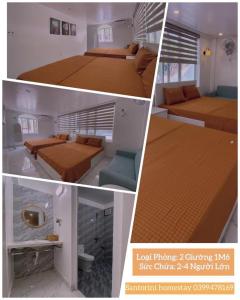 a collage of four pictures of a bedroom at Cat Ba Santorini Homestay in Cat Ba