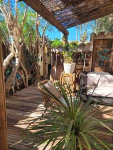 eine Holzterrasse mit Stühlen, einem Tisch und einer Pflanze in der Unterkunft Charmant 2 pièces proche Plage in Fréjus