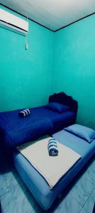 2 camas en una habitación con una pared verde en Raja Ampat Sandy Guest House en Saonek