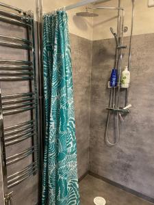 a shower with a blue shower curtain in a bathroom at Apartments Norrtullsgatan 8 in Gävle