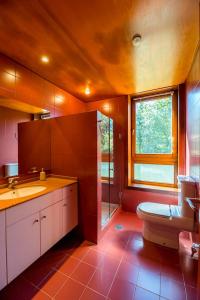 a bathroom with a sink and a toilet and a window at La Panera de Pucho in Pontevedra