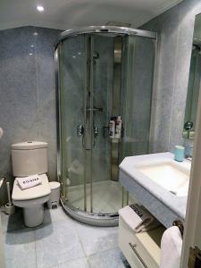 La salle de bains est pourvue d'une douche, de toilettes et d'un lavabo. dans l'établissement EGONA-SLUI 1ªlínea playa, vista increible, garaje, à Zarautz