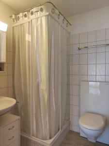 a bathroom with a shower curtain and a toilet at Casa LeYu mitten in Ruschein in Ruschein