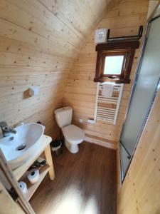 La petite salle de bains est pourvue de toilettes et d'un lavabo. dans l'établissement Ferienpark Auf dem Simpel - Schnuckenbude 1, à Soltau