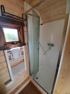 eine Dusche in einem winzigen Haus in der Unterkunft Ferienpark Auf dem Simpel - Schnuckenbude 1 in Soltau