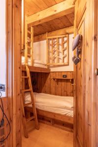 a bunk bed in a wooden room with a ladder at Casa Lacedel 2, on ski slopes in Cortina dʼAmpezzo