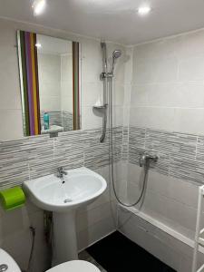 a bathroom with a sink and a shower and a toilet at Appartement en plein centre ville du bourget in Le Bourget