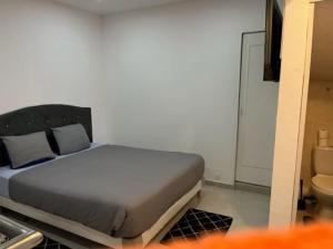 a bedroom with a bed and a toilet at Appartement en plein centre ville du bourget in Le Bourget