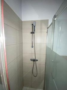 Un baño con ducha con puerta de cristal. en Gigantones, en Toledo