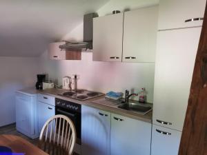 een keuken met witte kasten, een wastafel en een fornuis bij Beekenhof Ferienwohnung für Monteure in Bommelsen