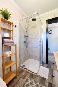 a shower with a glass door in a bathroom at Apartments Green Park in Rakovica