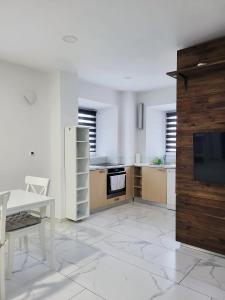 eine Küche mit einem Kühlschrank, einem Tisch und einem TV in der Unterkunft Stara Pošta Apartment 1 in Grosuplje