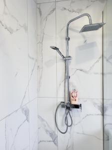 a shower in a bathroom with white marble walls at Stara Pošta Apartment 1 in Grosuplje +12 photos