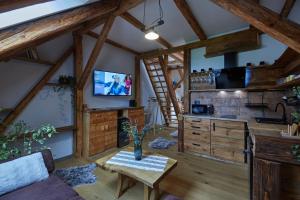 a room with a kitchen and a living room with wooden beams at Božská usedlost in Prackov