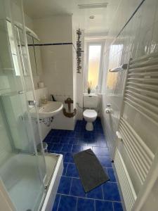 een badkamer met een toilet, een wastafel en een douche bij Ferienwohnungen Gartenstrasse in Hameln