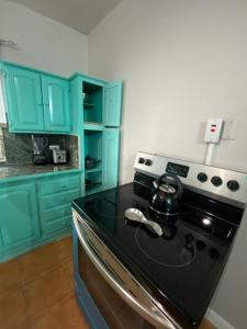 uma cozinha com armários azuis e um forno com placa de fogão em Cozy 2 bedroom Townhouse in gated community, KGN8 Newly installed solar hot water system em Kingston
