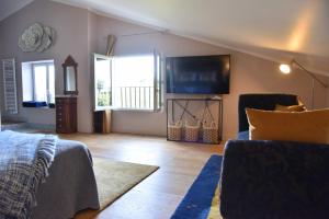 a living room with a couch and a tv at La Chartreuse d'Ertan "Les vignerons" 4 étoiles in Saint-Christophe-des-Bardes