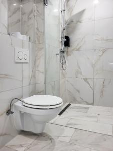 a white bathroom with a toilet and a shower at Stara Pošta Apartment 5 in Grosuplje +8 photos
