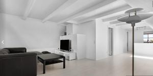 sala de estar blanca con sofá y TV en 4 bedroom 200m2 luxury house with garden in Horsens, en Horsens
