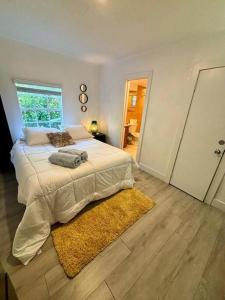 迈阿密Quiet & Centrally located House - PRIVATE PARKING, LAUNDRY AND STORAGE FOR LUGGAGE的一间卧室配有一张大床和地毯。