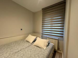 ein Schlafzimmer mit einem Bett mit zwei Kissen darauf in der Unterkunft Apartamento en pleno centro de Valladolid in Valladolid