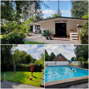 a collage of three pictures of a swimming pool at 5 persoons chalet met gezellige houtkachel nabij Wildlands Emmen in Schoonebeek