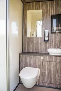 a bathroom with a sink and a toilet and a mirror at Festival Yurts Hay-on-Wye in Hay-on-Wye