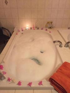 a bath tub with pink flowers around it at Hotel und Restaurant Harzparadies in Harztor