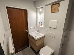 uma casa de banho com um lavatório, um WC e um espelho. em Wohnung DC 12A em Neu-Ulm