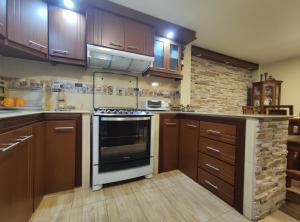 a kitchen with wooden cabinets and an oven at Rooftop "Montalvo" in Baños