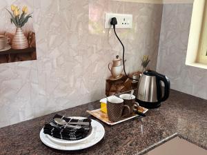 a kitchen counter with plates and cups and a kettle at James Guesthouse in Bogmalo