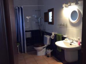 een badkamer met een toilet, een wastafel en een spiegel bij El Pino B & B, Chera in Valencia +31 foto's