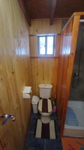 a small bathroom with a toilet and a window at Comodo departamento in Puerto Montt