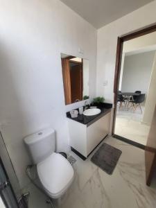 y baño con aseo, lavabo y espejo. en Apê Gourmet Comfort, en Cuiabá