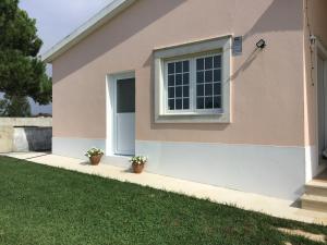 a house with two potted plants in front of it at The Garden Room in Bombarral