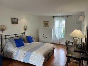 a bedroom with a bed with blue pillows and a desk at Villa atmosphère PETIT DEJEUNER COMPRIS in Grenoble