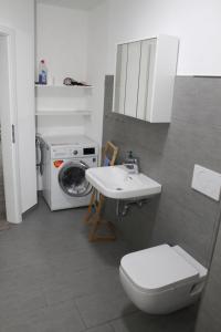 a bathroom with a sink and a washing machine at FeWo Oda in Bad Gandersheim