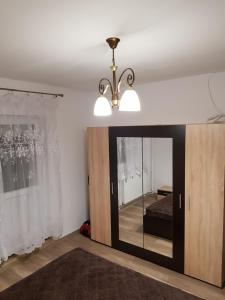 a bedroom with a large mirror and a bed at Apartamentul Maria in Oradea