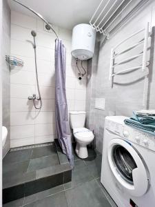 ein Badezimmer mit einer Waschmaschine und einem WC in der Unterkunft Эко студия на Южном вокзале in Kharkov