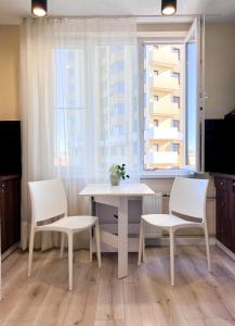 einen Tisch und zwei Stühle in einem Zimmer mit Fenster in der Unterkunft Эко студия на Южном вокзале in Kharkov